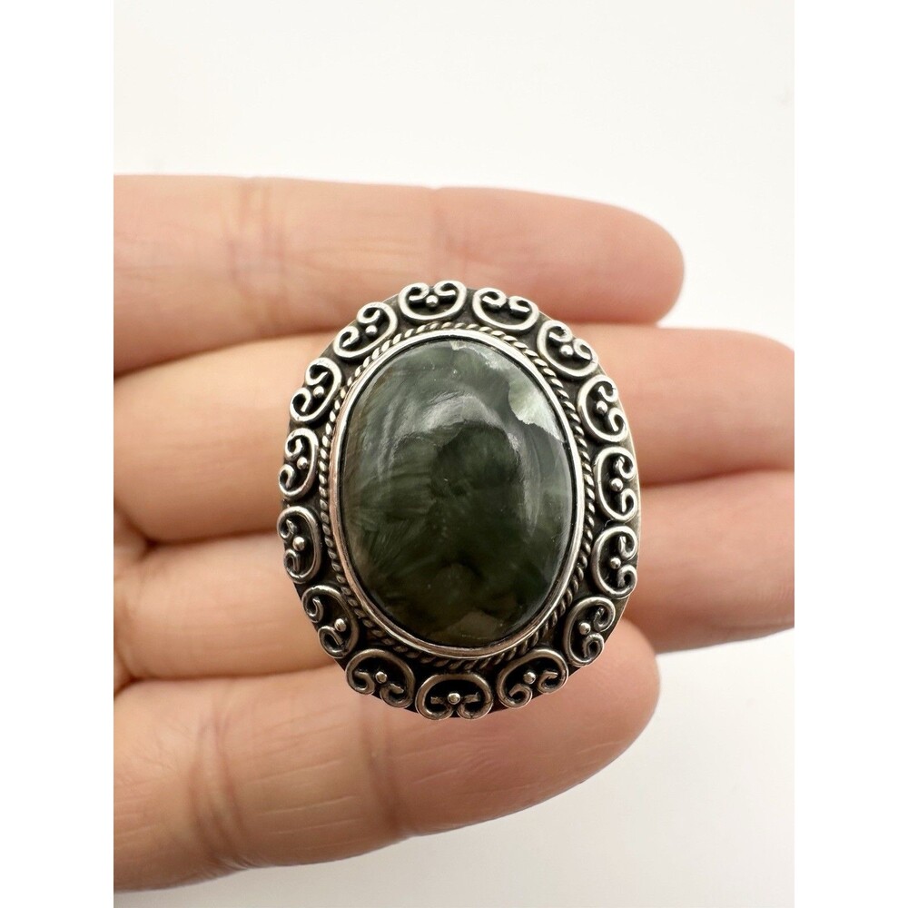 Sterling Silver Green Seraphinite Oval Gemstone Stone Ring Size 8.5